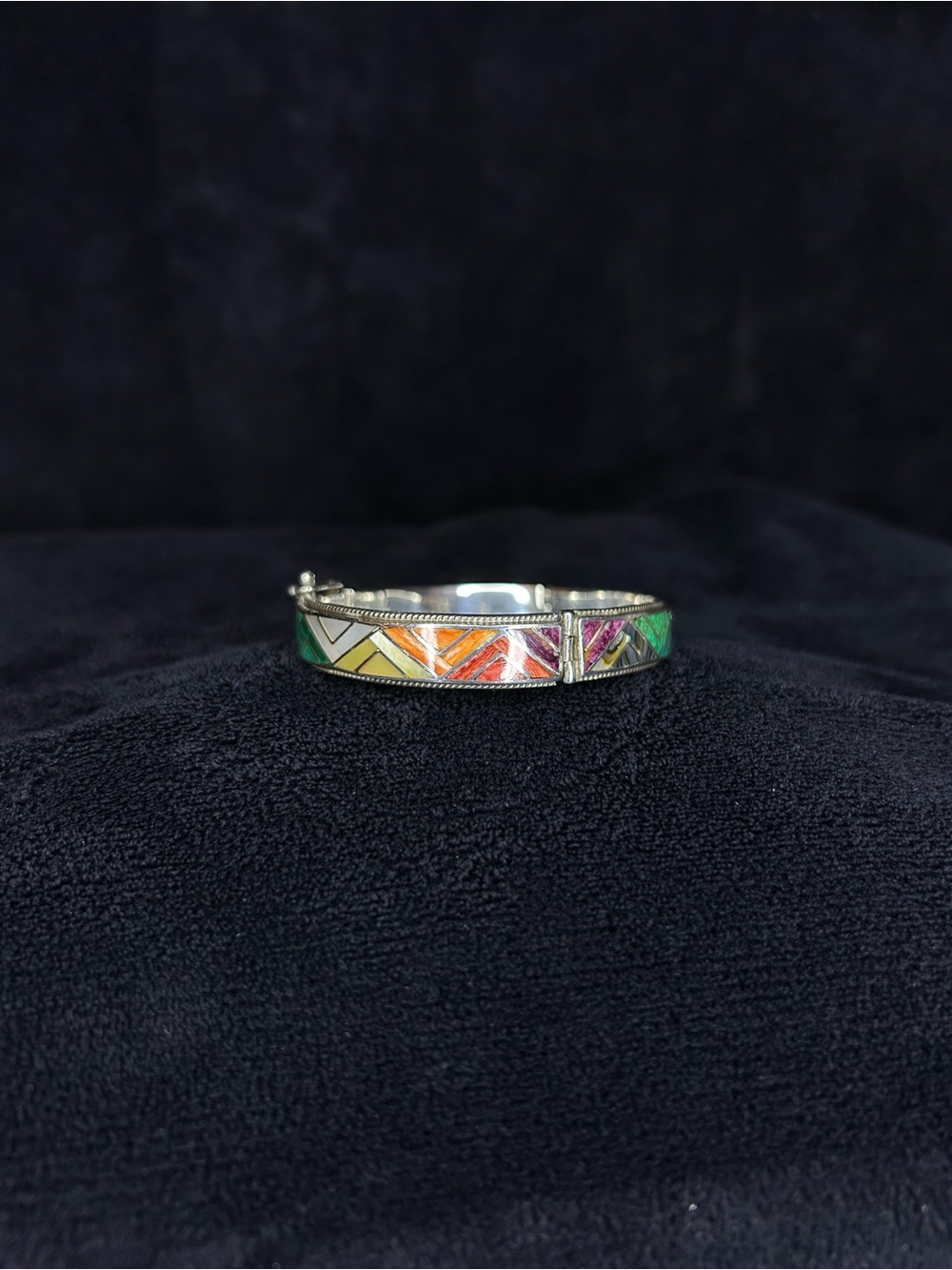 Sterling Silver Multi-Color Inlay Bangle Bracelet - Picture 2 of 8